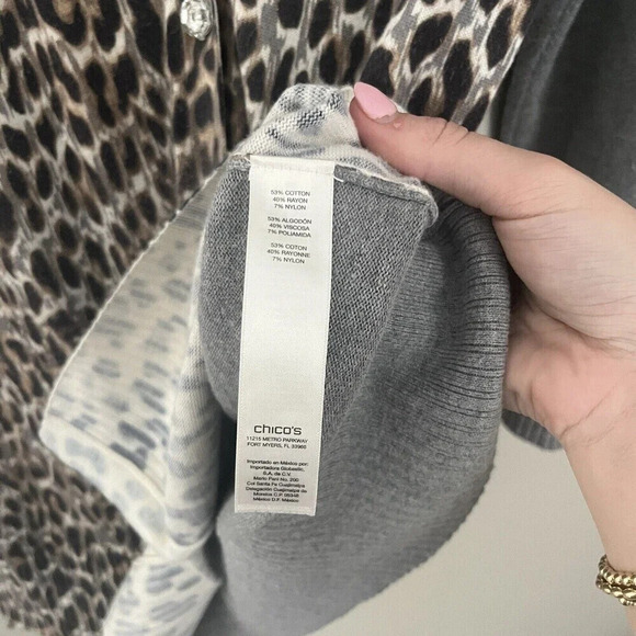 Chicos Women's Leopard Cardigan M/8 Gray Cotton Blend Sweater Button - Picture 6 of 12